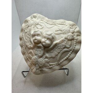 Heart-Shaped Ceramic Trinket Box With Cherub Design & Lid 5x5 Inches Cream White